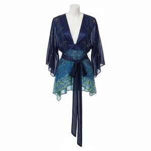 JohnPaulRichard Kimono Sleeve Navy Print Sheer Blouse Satin Tie Wmn L Boho Fairy